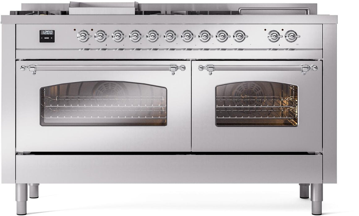 ILVE Nostalgie II 60" Dual Fuel Natural Gas Range, Stainless Steel, Chrome Trim UP60FSNMPSSC