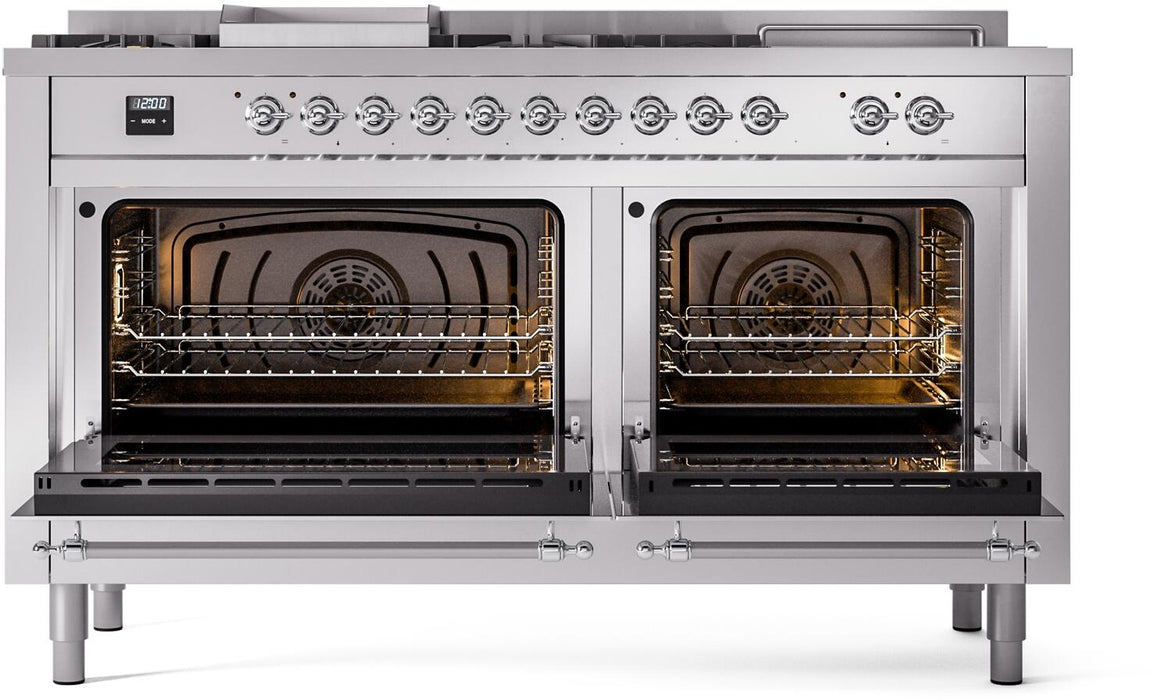 ILVE Nostalgie II 60" Dual Fuel Natural Gas Range, Stainless Steel, Chrome Trim UP60FSNMPSSC