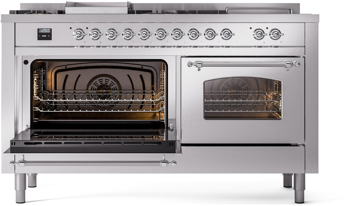 ILVE Nostalgie II 60" Dual Fuel Natural Gas Range, Stainless Steel, Chrome Trim UP60FSNMPSSC