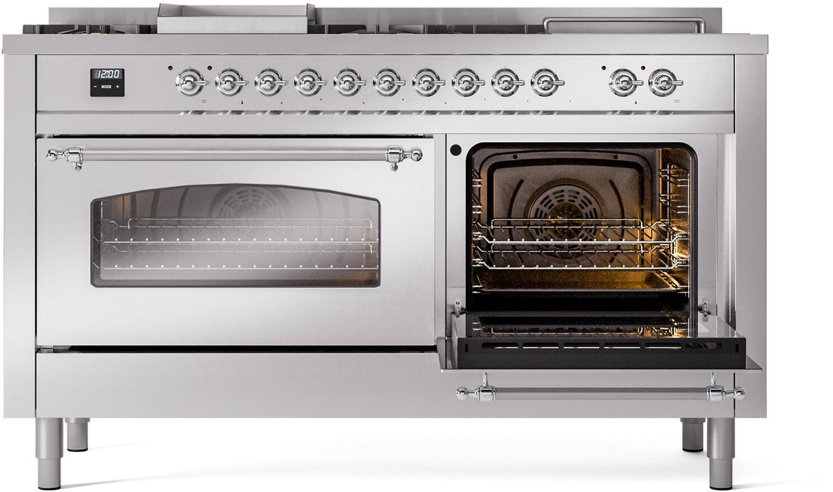 ILVE Nostalgie II 60" Dual Fuel Natural Gas Range, Stainless Steel, Chrome Trim UP60FSNMPSSC