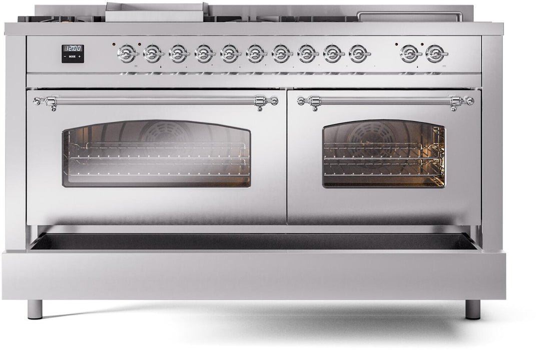 ILVE Nostalgie II 60" Dual Fuel Natural Gas Range, Stainless Steel, Chrome Trim UP60FSNMPSSC