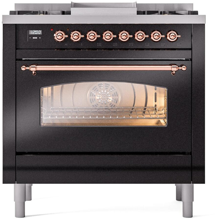 ILVE Nostalgie II 36" Dual Fuel Liquid Propane Range, Glossy Black, Copper Trim UP36FNMPBKPLP