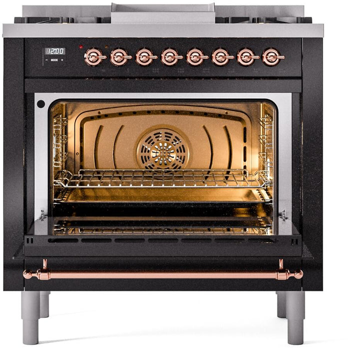 ILVE Nostalgie II 36" Dual Fuel Natural Gas Range, Glossy Black, Copper Trim UP36FNMPBKP