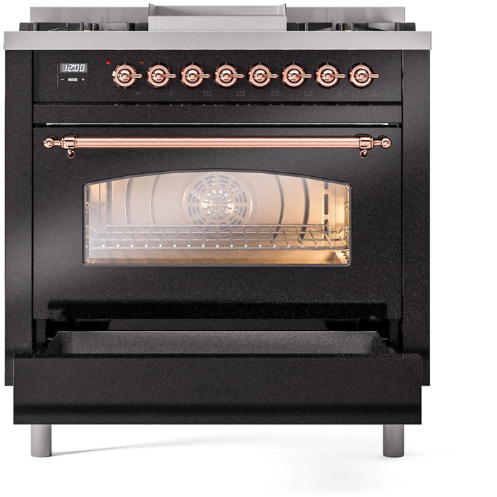ILVE Nostalgie II 36" Dual Fuel Natural Gas Range, Glossy Black, Copper Trim UP36FNMPBKP