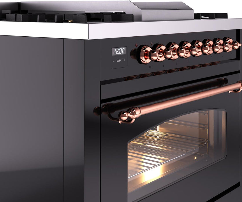 ILVE Nostalgie II 36" Dual Fuel Liquid Propane Range, Glossy Black, Copper Trim UP36FNMPBKPLP