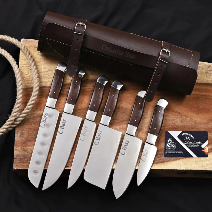 Handmade 6 Piece Chef Knife Set with Leather Roll – Full Tang Kitchen Knives Set with Cleaver, Chef, Santoku, Utility & Paring