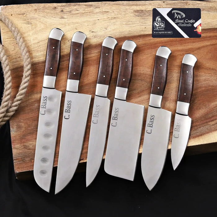 Handmade 6 Piece Chef Knife Set with Leather Roll – Full Tang Kitchen Knives Set with Cleaver, Chef, Santoku, Utility & Paring
