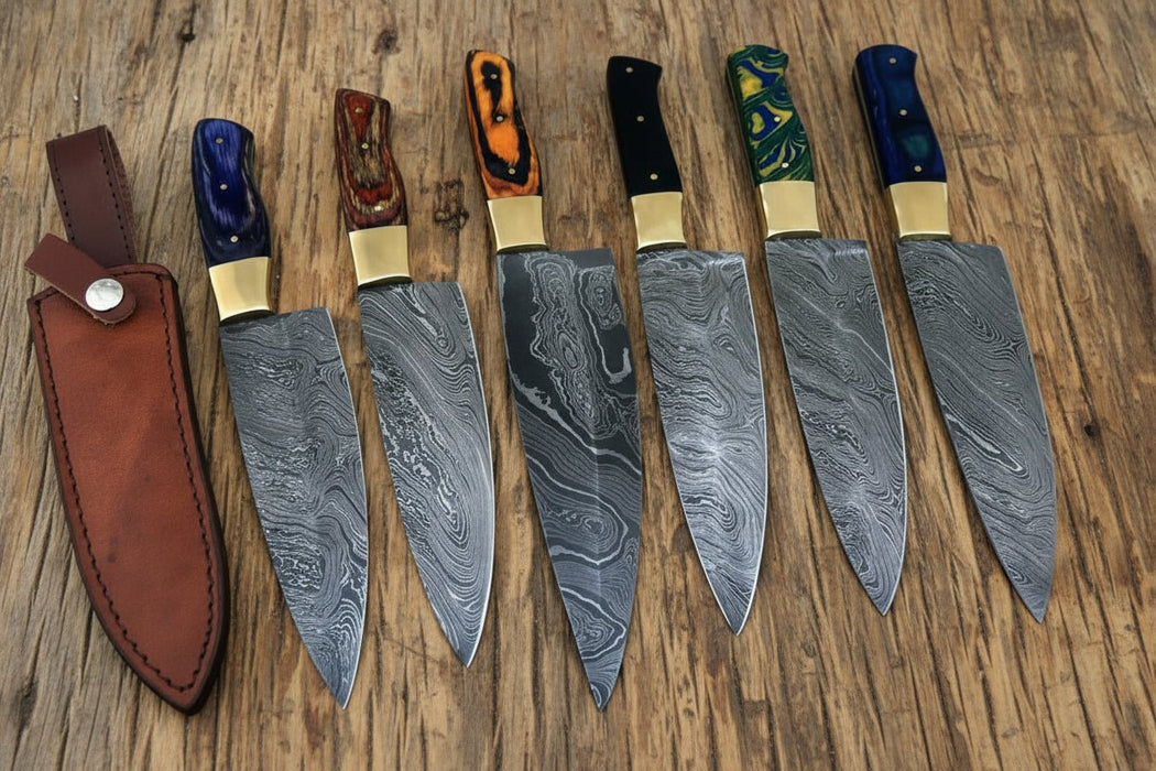 6-Piece Handmade Damascus Kitchen Knife Set – Mixed Resin Handles & Brass Bolsters | 13-Inch Blades | Leather Sheaths & Engraving Available