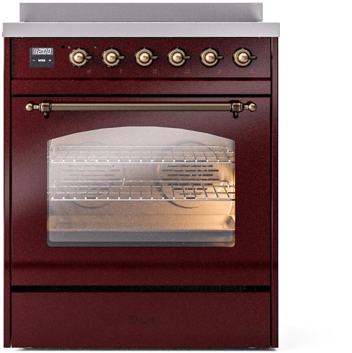 ILVE Nostalgie II 30" Electric Range, Burgundy, Bronze Trim UPI304NMPBUB