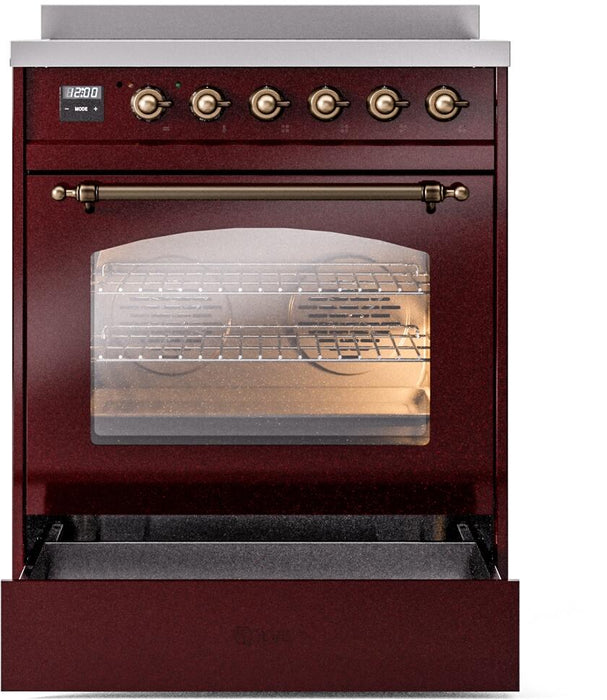 ILVE Nostalgie II 30" Electric Range, Burgundy, Bronze Trim UPI304NMPBUB