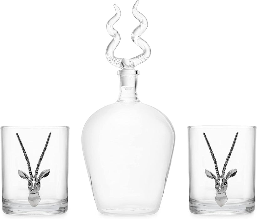 Stag Antler Whiskey Decanter Set 8.5" H with 2 Stag 12oz Glasses - Hunting Liquor Scotch Bourbon Gift for Him by The Wine Savant - Stag Deer Figurine, Hunter Gifts Luxury Decanter 750ml