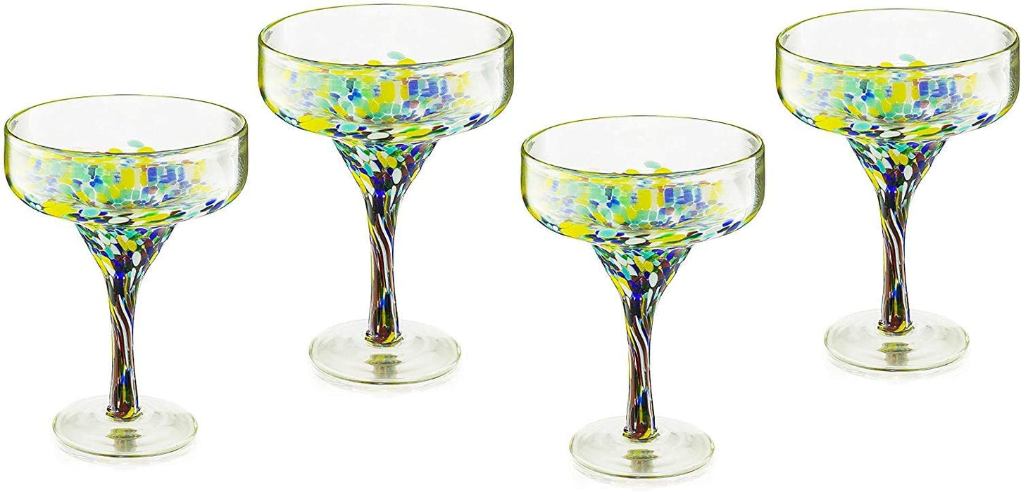 The Wine Savant Mexican Design Hand Blown Margarita Glass – Set of 4 Luxury Hand Blown Confetti Margarita Glasses (16 oz) (Confetti Margarita Glasses)
