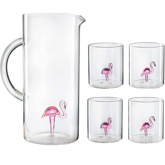 The Wine Savant Flamingo Pitcher & 4 Glasses Set Decanter with 4 Pink Flamingo Glasses 9oz Elegant Glass Set, Great for Water Iced Tea, Sangria, Lemonade, and More! 1300ml 9" H, Cute!