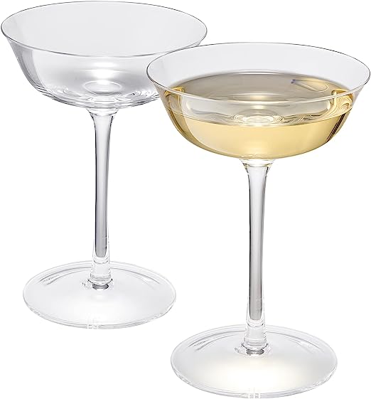 Vintage Crystal Coupe Glasses, Set of 2, Clear Radiance - Champagne, Martini, Cocktails - Hand Blown Classy Glass -Timeless Art Deco Design - Durable Sparkling Cocktail Barware, Home Bar (8 OZ)