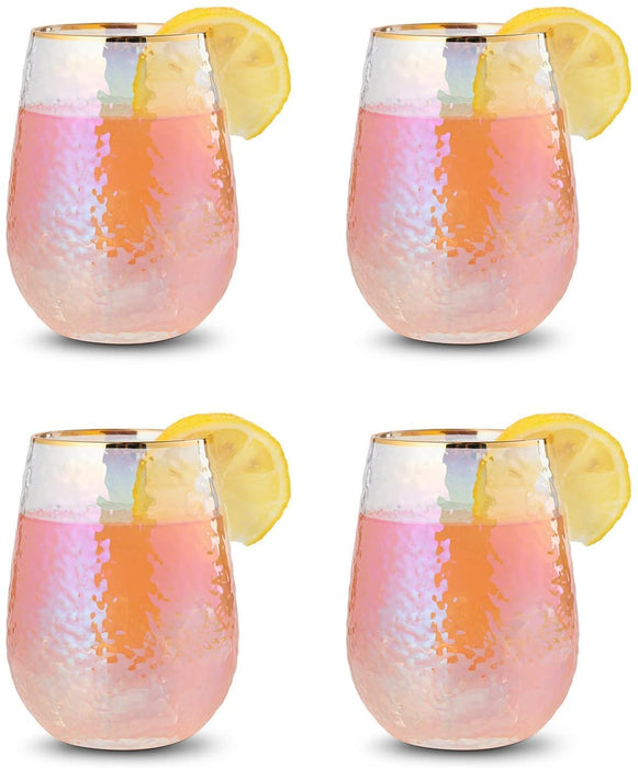 Festive Lustered Iridescent Stemless Wine & Water Glasses - Set of 4-100% Glass 15oz Mouthblown Colorful Glasses - Anniversaries, Birthday Gift, Cocktail Party Radiance - Water, Whiskey, Juice, Gift