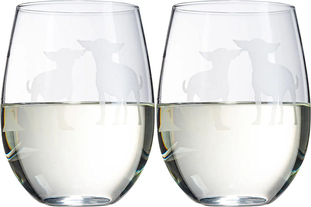 Set of 2 Chihuahua Dog Stemless Wine Glasses - Chihuahueño Puppy & Doggy Lover for Him & Her - Dogs Silhouette - Glass Gifts Etched Tumblers for Anniversary, Wedding, Home Bar Gifts