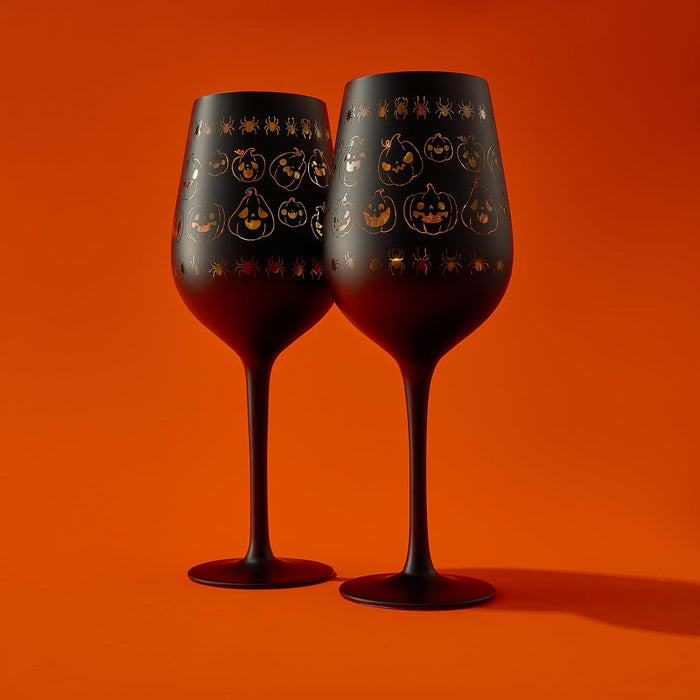 Crystal Halloween Stemmed Wine Glasses - Set of 2 - Pumpkin Themed Vibrant Black & Gold Spooky Ghost Pattern Frosted Glass, Perfect for Themed Gothic Parties Trick Or Treat Gifts for Him Her (14 OZ)