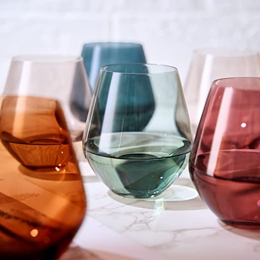 Colored Stemless Crystal Wine Glass Set of 6 - Large 16 oz (Pastel)   Specialty Food Source
