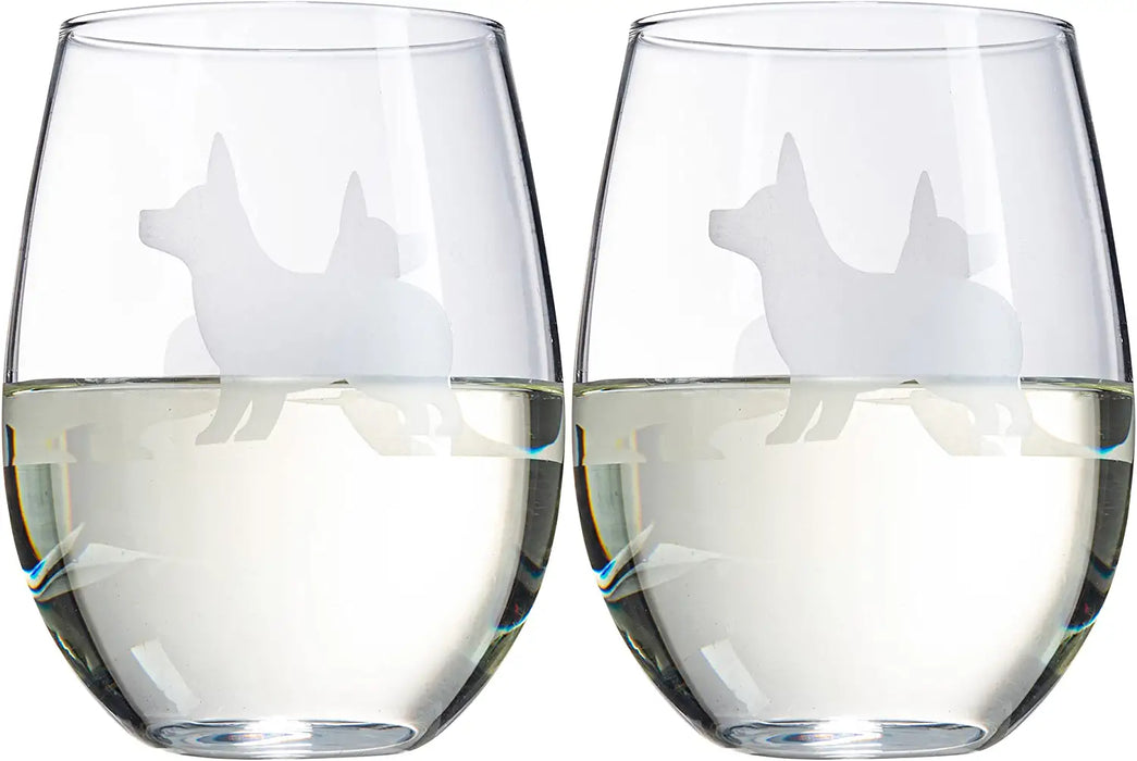 Stemless Wine Glasses Set of 2 by The Wine Savant - Puppy & Dog Lover Glass Gifts Etched Tumblers for Anniversary, Wedding, Home Bar Gifts (Corgi)