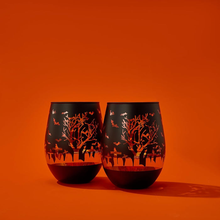 Crystal Halloween Stemless Wine Glass - Set of 2 - Themed Vibrant Black & Gold Etched Spooky Graveyard Pattern Frosted Glass, Perfect for Themed Gothic Parties Trick Or Treat Gift For Him Her (16 OZ)