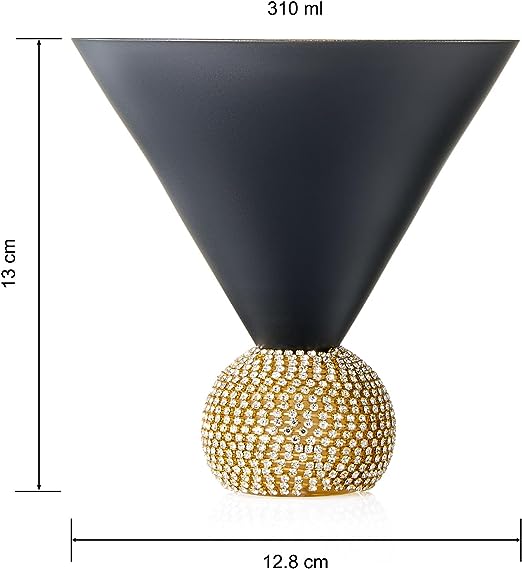 The Wine Savant Diamond Studded Martini Glasses Set of 2 Black & Gold Rimmed Modern Cocktail Glass, Rhinestone With Stemless Crystal Ball Base, Bar or Party 10.5oz, Swarovski Style Crystals