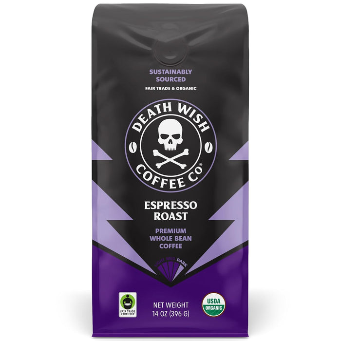 Death Wish Coffee - Organic Espresso Whole Bean, 14 oz (Case of 6) - Strongest Coffee