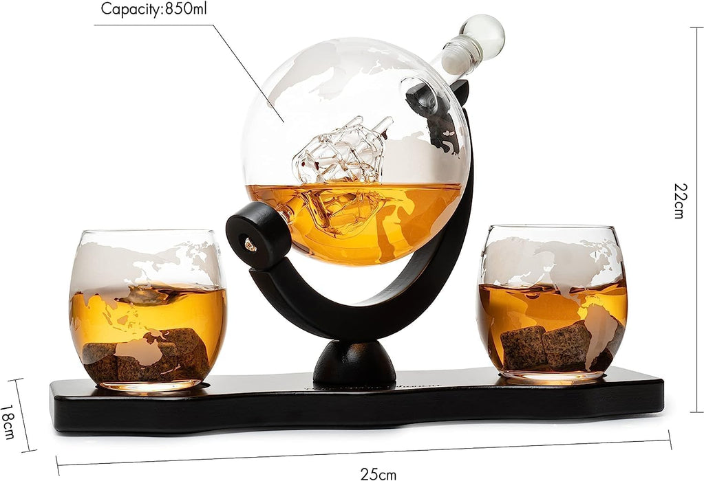 Whiskey Decanter Globe Set with 2 Etched Whiskey Glasses - for Liquor Scotch Bourbon Vodka, Gifts For Men - 850ml