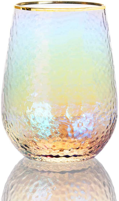 Festive Lustered Iridescent Stemless Wine & Water Glasses - Set of 4-100% Glass 15oz Mouthblown Colorful Glasses - Anniversaries, Birthday Gift, Cocktail Party Radiance - Water, Whiskey, Juice, Gift