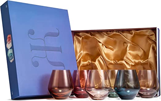 Colored Stemless Crystal Wine Glass Set of 6