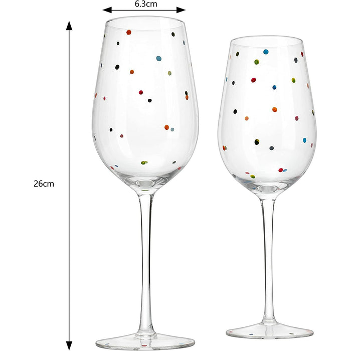 Polka Dot Stemmed Wine Glasses 16 Ounces Set of 2 10" H By The Wine Savant - Polka Dot Wine Wedding Glasses, Ideal For Merlot, Pinot Noir For Everyday, Weddings, Anniversaries, Parties, Home Bar Gifts