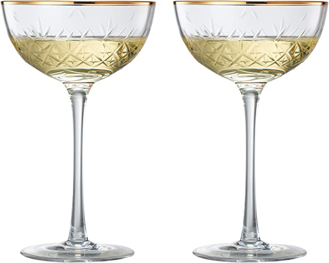 Vintage Art Deco Luxury Coupe Glasses, Cocktails, Martini, Margarita, In Premium Gift Box 24K Gold Rim | Set of 2 | 8 oz Classic Cocktail Glassware - Champagne, Manhattan, Cosmopolitan Crystal Goble