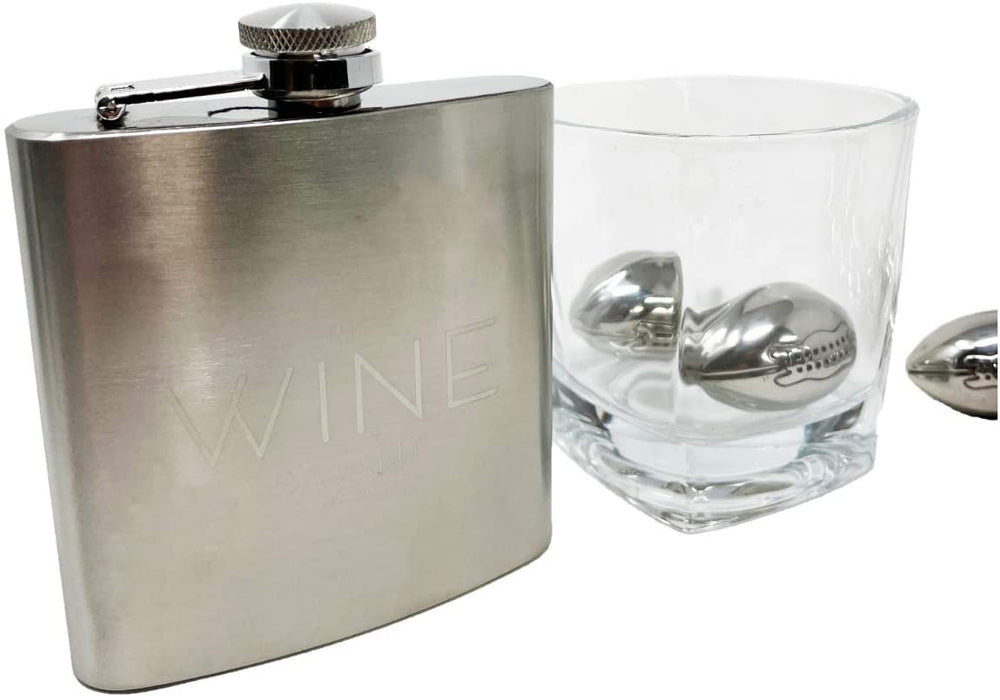 Whiskey Glasses And Football Chilling Stones Gift Set, 2 Whiskey Glasses, 8 Stainless Steel Whiskey Footballs, Coasters, Special Tongs & Freezer Pouch
