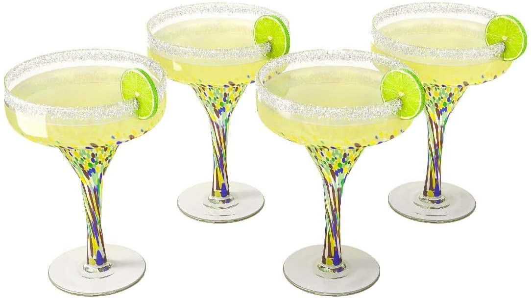 The Wine Savant Mexican Design Hand Blown Margarita Glass – Set of 4 Luxury Hand Blown Confetti Margarita Glasses (16 oz) (Confetti Margarita Glasses)
