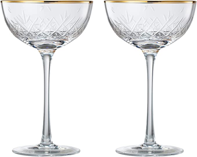 Vintage Art Deco Luxury Coupe Glasses, Cocktails, Martini, Margarita, In Premium Gift Box 24K Gold Rim | Set of 2 | 8 oz Classic Cocktail Glassware - Champagne, Manhattan, Cosmopolitan Crystal Goble