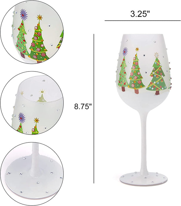 Set of 2 Stemmed Christmas Tree Design Wine Glasses - Hand Painted 14 oz Decorated Christmas Tree Glasses - Perfect for Wine, Champagne, Holiday Parties and Festivities - 8.75" High, 14 oz Capacity