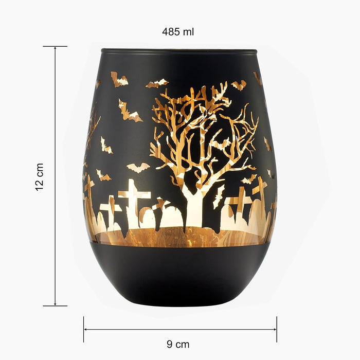Crystal Halloween Stemless Wine Glass - Set of 2 - Themed Vibrant Black & Gold Etched Spooky Graveyard Pattern Frosted Glass, Perfect for Themed Gothic Parties Trick Or Treat Gift For Him Her (16 OZ)