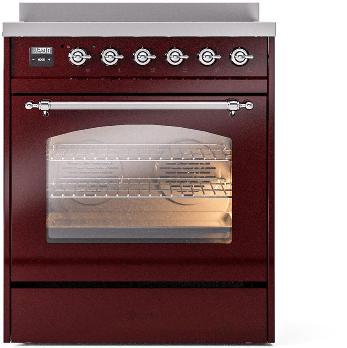 ILVE Nostalgie II 30" Electric Range, Burgundy, Chrome Trim UPI304NMPBUC
