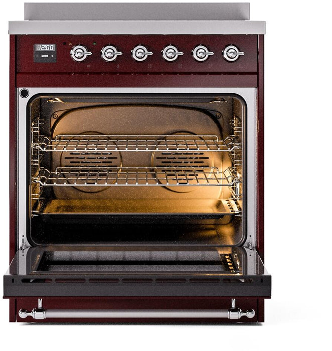 ILVE Nostalgie II 30" Electric Range, Burgundy, Chrome Trim UPI304NMPBUC