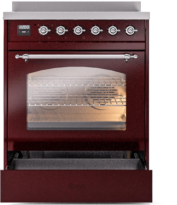 ILVE Nostalgie II 30" Electric Range, Burgundy, Chrome Trim UPI304NMPBUC