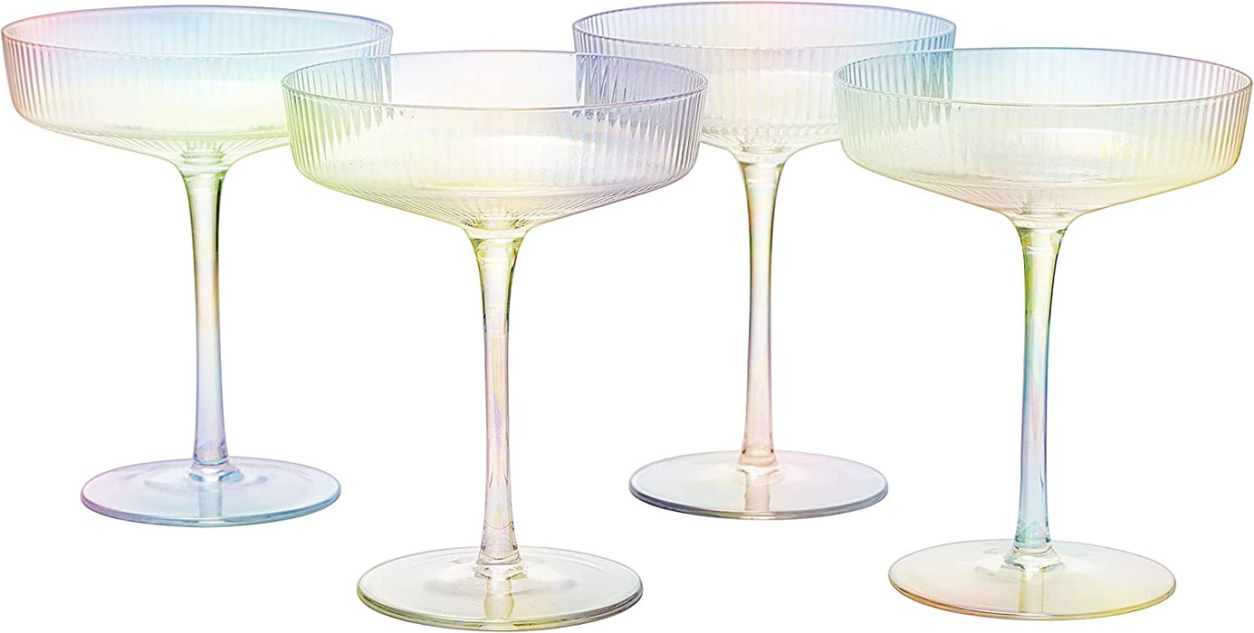 Ribbed Coupe Cocktail Glasses 8 oz | Set of 4 (Iridescent)