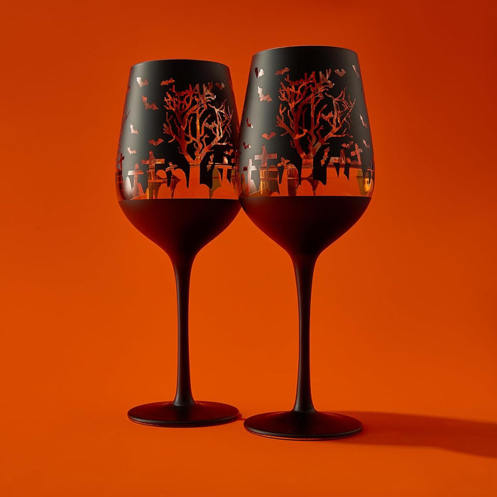 Crystal Halloween Stemmed Wine Glasses - Set of 2 - Themed Vibrant Black & Gold Etched Spooky Graveyard Pattern Frosted Glass, Perfect for Themed Gothic Parties Trick Or Treat Gift For Him Her (14 OZ)