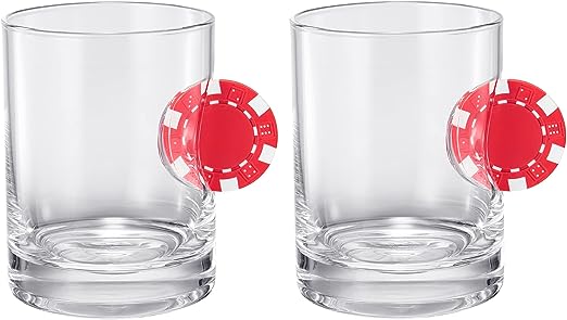 Poker Chip Whiskey & Wine Glasses | Set of 2 | Up The Ante Stuck In The Glass Poker Chip Cocktail Glassware, Gambler Gift, Artisanal Crystal Glassware - Gift Idea for Him, Summer, Housewarming (20 OZ)