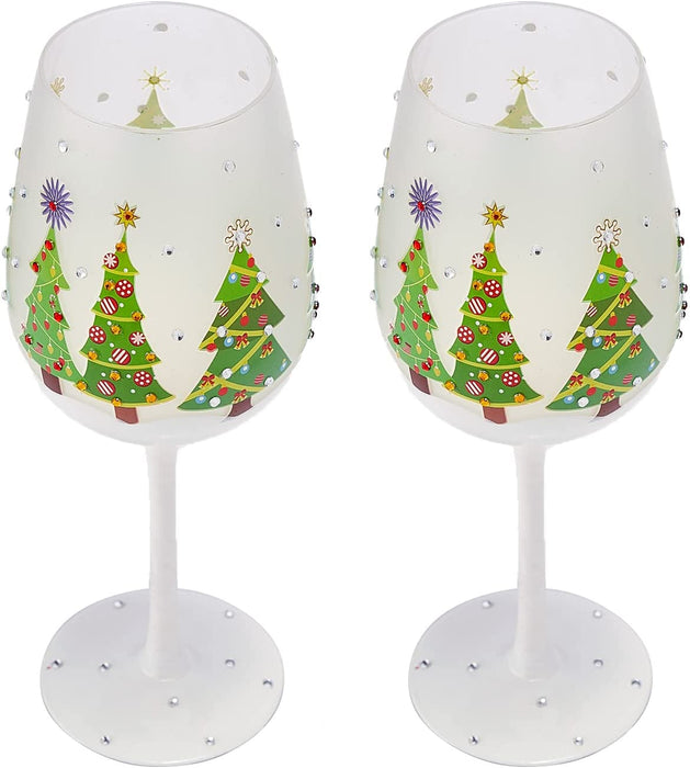 Set of 2 Stemmed Christmas Tree Design Wine Glasses - Hand Painted 14 oz Decorated Christmas Tree Glasses - Perfect for Wine, Champagne, Holiday Parties and Festivities - 8.75" High, 14 oz Capacity