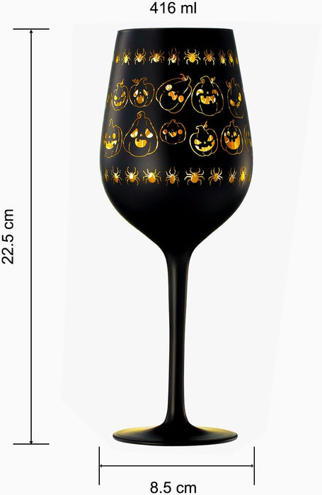 Crystal Halloween Stemmed Wine Glasses - Set of 2 - Pumpkin Themed Vibrant Black & Gold Spooky Ghost Pattern Frosted Glass, Perfect for Themed Gothic Parties Trick Or Treat Gifts for Him Her (14 OZ)