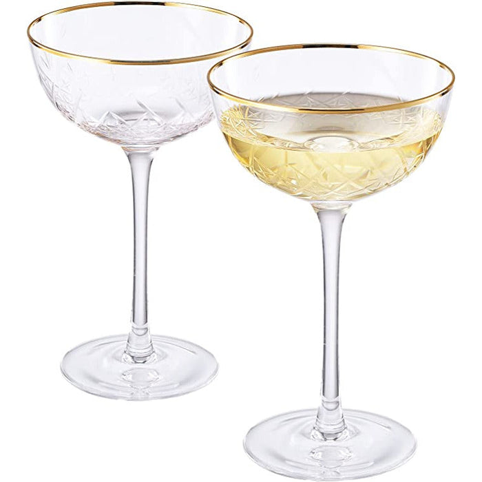 Vintage Art Deco Luxury Coupe Glasses, Cocktails, Martini, Margarita, In Premium Gift Box 24K Gold Rim | Set of 2 | 8 oz Classic Cocktail Glassware - Champagne, Manhattan, Cosmopolitan Crystal Goble