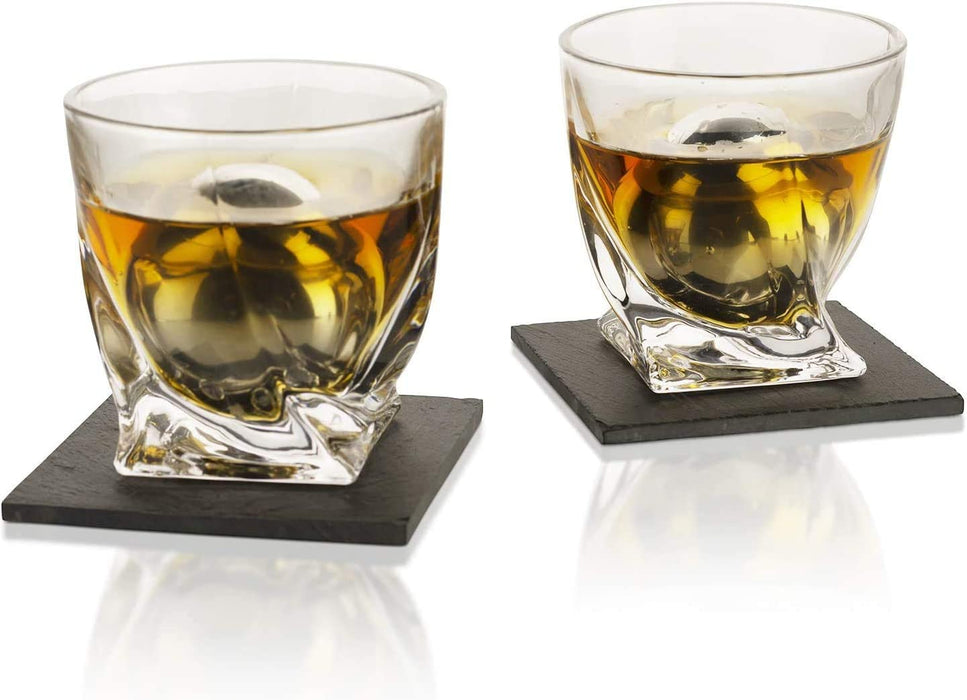 Whiskey Stones & Decanter Gift Set for Men & Women, By The Wine Savant, 2 XL Stainless Steel Whiskey Balls, 2 Twist Glasses, Whiskey Decanter, 2 Coasters, Freezer Pouch & Special Tongs in Pinewood Box