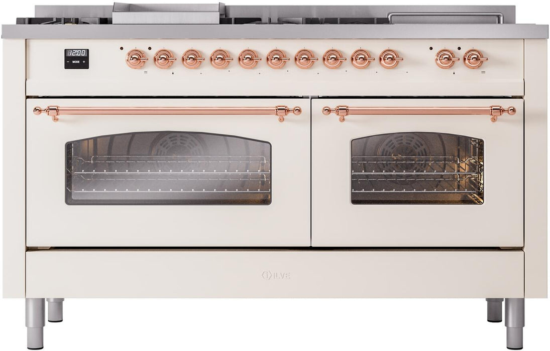 ILVE Nostalgie II 60" Dual Fuel Liquid Propane Range, Antique White, Copper Trim UP60FSNMPAWPLP