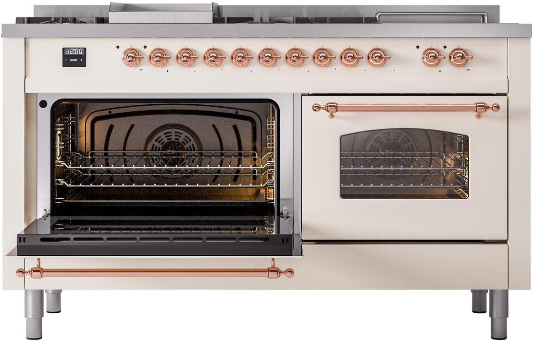 ILVE Nostalgie II 60" Dual Fuel Liquid Propane Range, Antique White, Copper Trim UP60FSNMPAWPLP