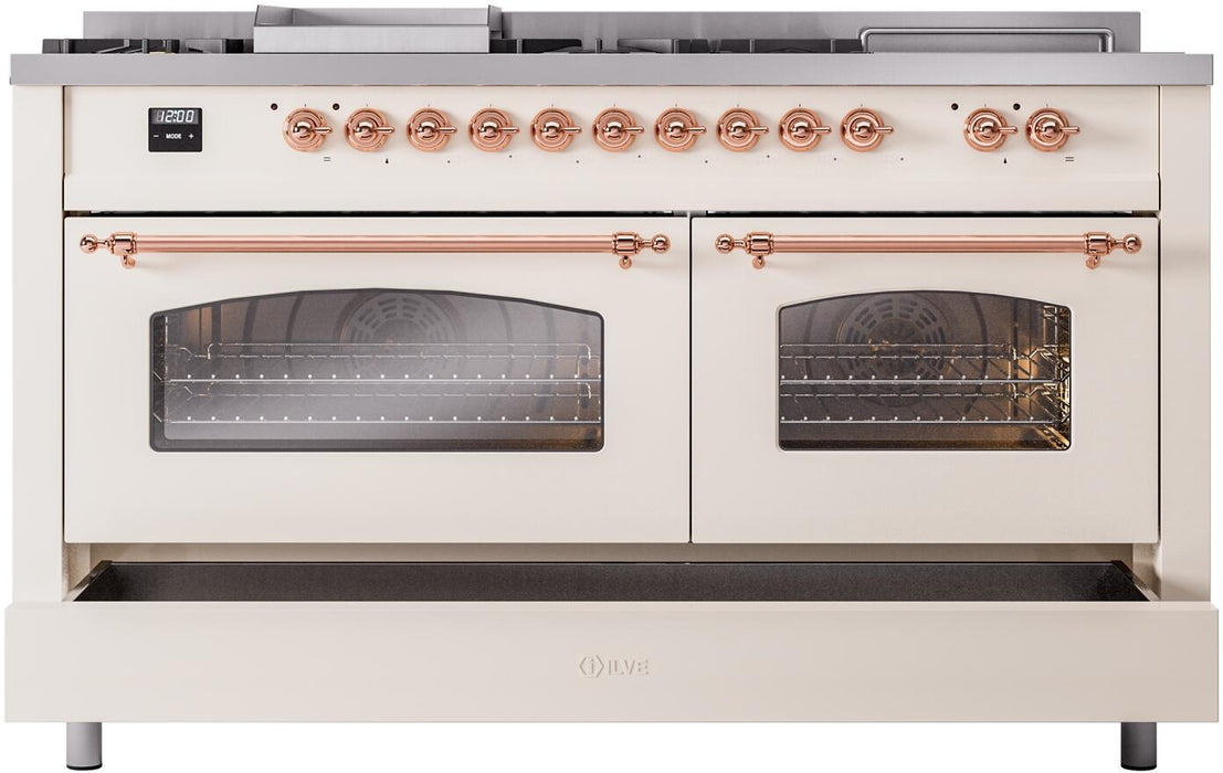 ILVE Nostalgie II 60" Dual Fuel Liquid Propane Range, Antique White, Copper Trim UP60FSNMPAWPLP
