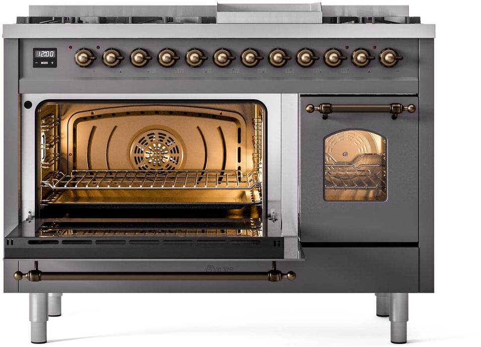 ILVE Nostalgie II 48" Dual Fuel Liquid Propane Range, Matte Graphite, Bronze Trim UP48FNMPMGBLP